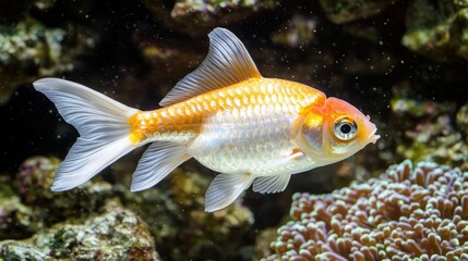 Obraz premium Goldfish swimming through a coral reef model underwater view vibrant marine life aquatic environment
