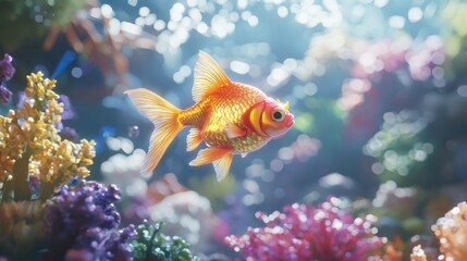 Fototapeta premium Vibrant goldfish swimming in coral reef underwater scene hyperrealistic art tropical ocean bright colors joyful concept