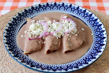 Enfrijoladas, chicken wrapped in tortillas with bean sauce, cream and cheese