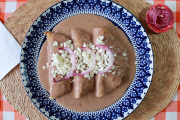 Enfrijoladas, chicken wrapped in tortillas with bean sauce, cream and cheese