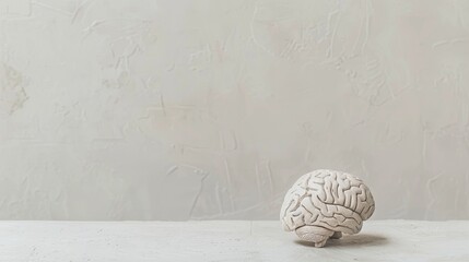 Aging human brain model with subtle cracks and fading colors, symbolizing cognitive decline and mental health, placed on minimalist white surface. Concept of aging, neuroscience, and mental wellness.