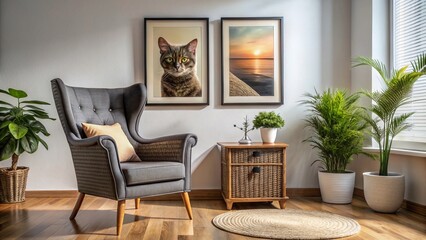 Cozy Living Room Interior: Wingback Chair, Wicker Accent, Black & White Cat Photo Print