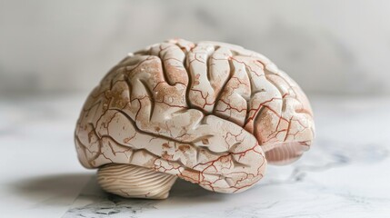 Aging human brain model with subtle cracks and fading colors, symbolizing cognitive decline and mental health, placed on minimalist white surface. Concept of aging, neuroscience, and mental wellness.