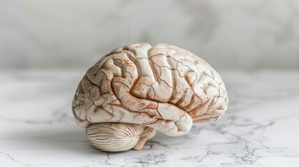 Aging human brain model with subtle cracks and fading colors, symbolizing cognitive decline and mental health, placed on minimalist white surface. Concept of aging, neuroscience, and mental wellness.