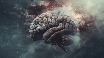 Aging human brain model with subtle cracks and fading colors, symbolizing cognitive decline and mental health, placed on minimalist white surface. Concept of aging, neuroscience, and mental wellness.
