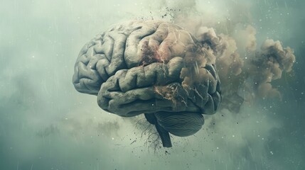 Aging human brain model with subtle cracks and fading colors, symbolizing cognitive decline and mental health, placed on minimalist white surface. Concept of aging, neuroscience, and mental wellness.
