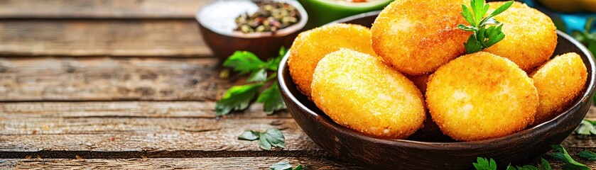 Golden Crispy Potato Croquettes Served in Wooden Bowl on Rustic Wooden Table with Seasoning