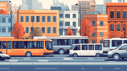 Banner with isometric transport, bus, mini van and car. Vector flat illustration of public passenger vehicles and automobiles. Concept of transportation, city traffic, taxi and travel