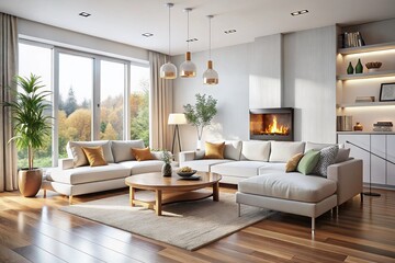 Cozy Scandinavian Living Room: White Corner Sofa by Fireplace