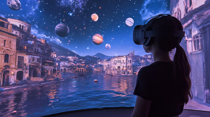 Metaverse, vr technology concept with digital city buildings. Futuristic virtual reality background with cityscape simulation with planets in sky at night, vector cartoon illustration