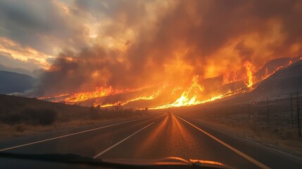 Intense wildfire engulfs mountains near highway under dramatic sky