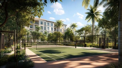 Obraz premium A Modern Tennis Court in a Lush Tropical Setting