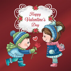 Adorable artistic illustration displaying a young boy offering a red rose to a girl, capturing a heartwarming Valentines Day moment, full of charm and love between them