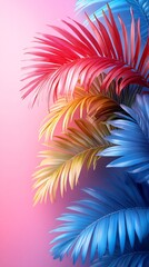Obraz premium Vibrantly Colored Palm Fronds: A Striking 3D Render in Bold, Abstract Style. AI Generated