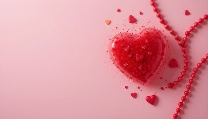alentine's Day features a red heart set against a pastel pink background, accompanied by red beads shaped like hearts. Soft focus. flat lay. Copy space