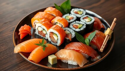 Delicious Salmon Sushi Assortment On Dark Plate