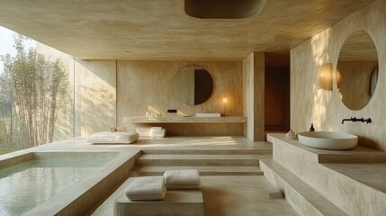 A minimalist bathroom featuring concrete walls and a floating vanity.