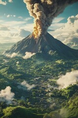 Obraz premium Majestic eruption of volcano with smoke and lava in lush green landscape