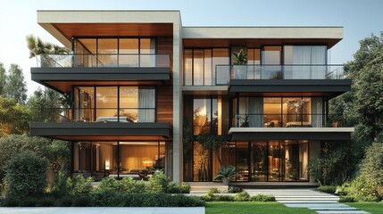 Fototapeta premium Modern luxury house with large windows, wooden accents, and balconies.