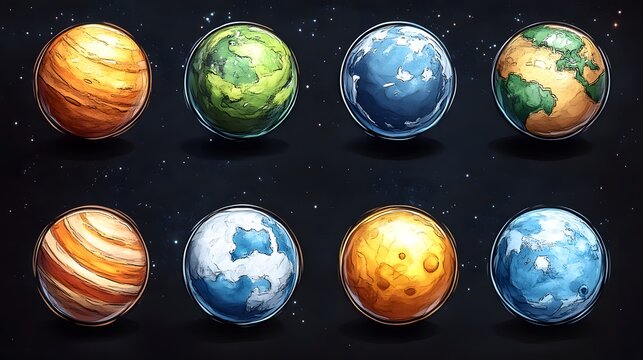 Eight diverse planets, rendered in a cartoon style against a starry backdrop.