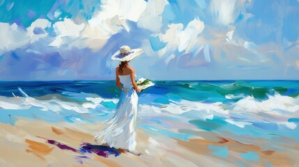 Serene Coastal Escape: A Woman in a White Dress Gazes at the Waves Under a Bright Sky, Embracing the Tranquility of Ocean and Nature