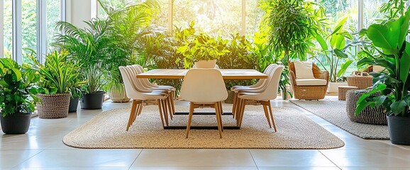 Modern dining room with large windows, sunlight, plants, and light-colored furniture.