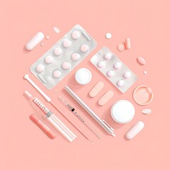 Flat lay composition with menstrual pads, sanitary pads and menstrual cup on pink background