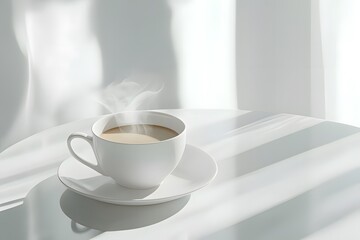 Fototapeta premium A steaming cup of coffee on a reflective table in a bright, softly lit environment.