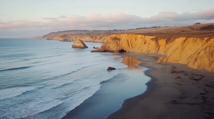Fototapeta premium Serene Coastal Landscape at Sunset Featuring Golden Cliffs and Gentle Waves Along a Peaceful Shoreline in a Remote Location