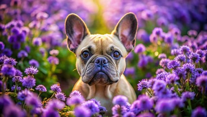 Fototapeta premium Curious French Bulldog Amidst Vibrant Purple Flowers - Drone View
