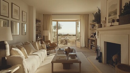 Sunlit living room with patio doors, beige sofa, and fireplace.