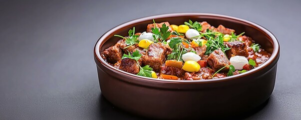 Delicious And Colorful Dish Served In A Brown Bowl With Fresh Herbs And Yellow Vegetables