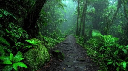 Fototapeta premium Rainforest trail surrounded by large leaves and trees, dripping with rainwater.