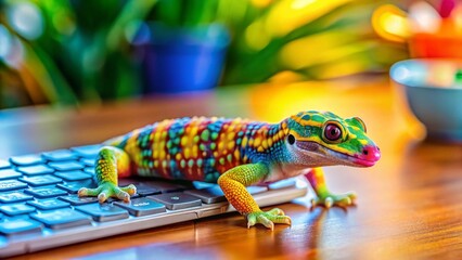 Cute Colorful Gecko on Office Keyboard - Fun Creative Workspace Stock Photo
