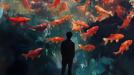 Surreal Painting: A Man Contemplates Koi Fish
