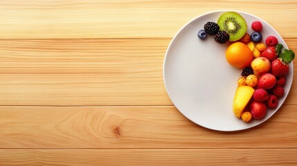 A colorful assortment of fresh fruits arranged on a plate, set against a wooden background, showcasing vibrant colors and healthy options.
