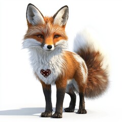 Obraz premium Cute and Playful Cartoon Fox with Heart Design on Fur, Standing Against a White Background