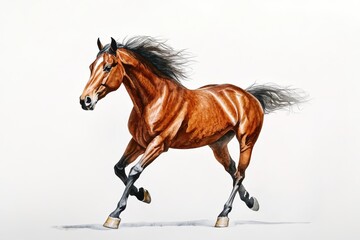 Obraz premium A dynamic brown horse galloping gracefully with flowing mane and tail, showcasing strength and elegance against a light background.
