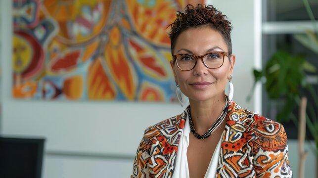 An Indigenous Australian CFO with short cropped hair, wearing a modern indigenous-patterned blazer over a white blouse, overseeing financial strategy discussions in an office adorned with indigenous