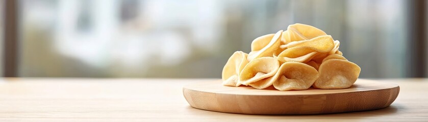Crispy Snack Chips on Wooden Plate with Soft Focus Background of Indoor Setting