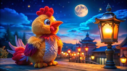 Cute Plush Chicken Zodiac Mascot Night Photography