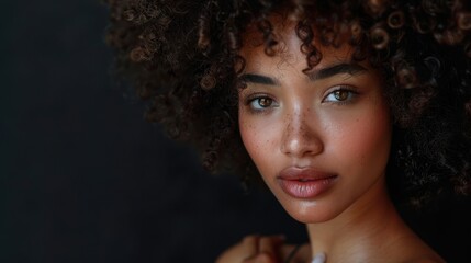 Fototapeta premium South African woman with radiant dark skin, natural curly hair in an afro style, brown eyes, gently touching her shoulder, against a black studio backdrop