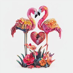 Colorful Paper Art of Two Flamingos in Love Surrounded by Flowers and Heart Decoration