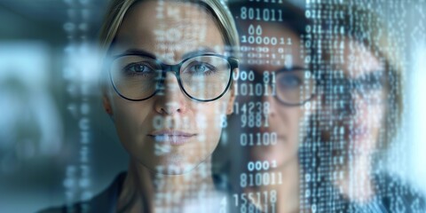 Fototapeta premium face of woman in glasses with digital data and code background