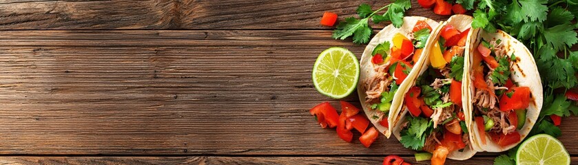 Fresh Beef Tacos with Colorful Vegetables and Lime on Rustic Wooden Table Surface