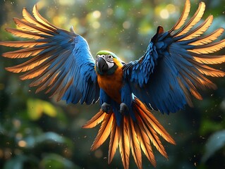 Majestic Blue-and-Gold Macaw Soaring Through Lush Rainforest: Digital Painting in Vibrant Style. AI Generated