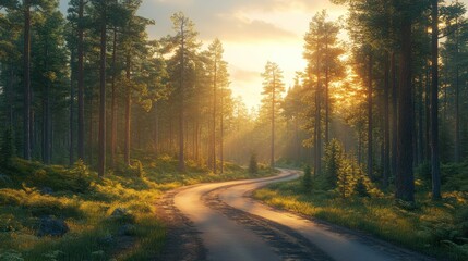 Obraz premium Sunlit winding road through a lush green pine forest at sunset.