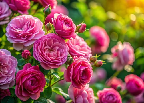Fototapeta Damascus Rose Blooms in a Lush Garden - Pink Roses, Copy Space Left