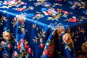 Fototapeta premium Dark Blue Chintz Tablecloth Texture - Elegant Background for Photography