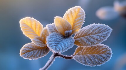 Frosty autumn leaves on a branch at sunrise.